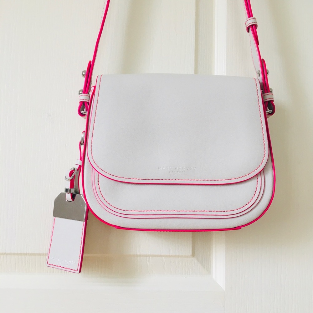 Marc Jacobs Mini Rider White Leather Pink Trim Crossbody Bag